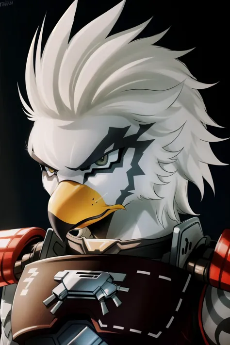 ((teba male white_body)), angry, winged-arms, talons, in a dark room, deep shadows, single point of light, looking at viewer, close up, headshot, simple shading, thick outlines, vivid colors <lora:epiNoiseoffset_v2:0.8>