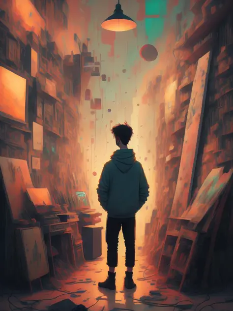 <lora:AteyGhailan:1>20 year old man artist, who creates awsome digital art, music and graffiti, by atey ghailan