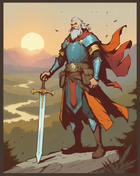 a cartoon of a man with a sword standing on a cliff