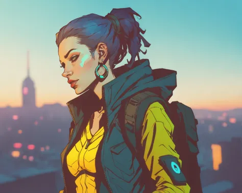 jhyd style <lora:jhyd-step00001000:1>, masterpiece, portrait of a young cyberpunk woman, beautiful face, high saturation, dystopia, city in background