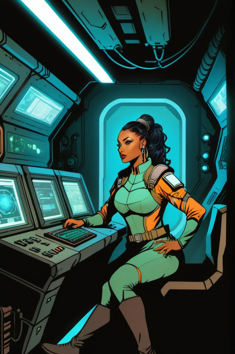 Comic-Illustration einer Science-Fiction-Heldin, Commander Bria Ursan, in einem unterirdischen Bunker, leuchtende Monitore und analoge Schalter, Metall Barock Maschinen, mit einem multiethnischen Team von Soldaten und Wissenschaftlern JHYD STYLE,