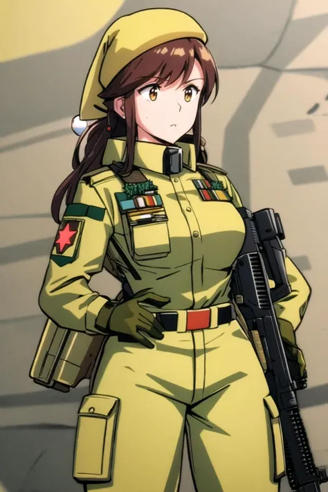 woman, military, heavily armed, xmas, yellow, retro artstyle, 1980's anime style, wearing yellow