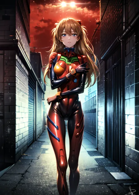 best quality, masterpiece, realistic, photorealistic, souryuu asuka langley, 1girl, solo, , breasts, looking at viewer, red bodysuit, detailed background, in street, light, rain night, \(dark environment\)
BREAK
outdoors, twilight, raytracing 