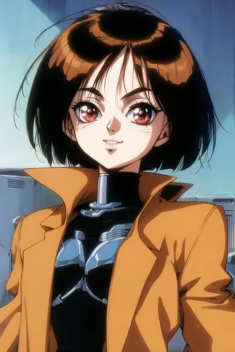 gally, alita, gunnm, battle angel alita, 1girl, solo, looking at viewer, smile, short hair, bangs, shirt, black hair, red eyes, jacket, upper body, parted lips, open clothes, coat, black shirt, turtleneck, parody, bob cut, portrait, labcoat, retro artstyle, 1990s (style), brown coat, anime coloring