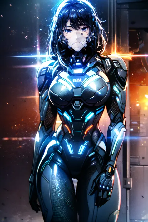 a woman in a futuristic suit standing in front of a door