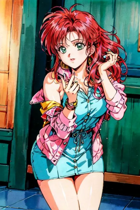 1980s \(style\), high aesthetic,masterpiece,best quality,highres,detailed background, indoors, 1girl, red hair, big fluffy hair, celebrity, 1980s,cyndi lauper, pink jacket, makeup, dancing, wavy hair. green eyes, (hair over shoulder:1.2),<lora:cyndi_lauper_80s_v1.0:0.9>,