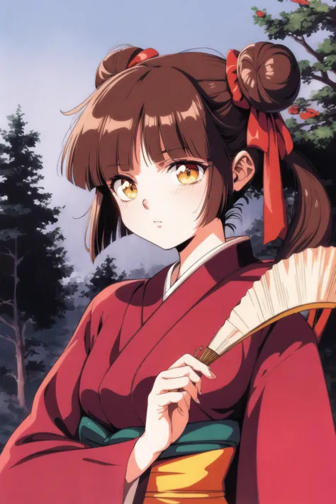 miyu (vampire princess miyu), 1girl, solo, long hair, looking at viewer, bangs, brown hair, ribbon, holding, brown eyes, hair ribbon, yellow eyes, upper body, sidelocks, japanese clothes, blunt bangs, kimono, hair bun, side ponytail, red ribbon, tree, single hair bun, hand fan, tress ribbon, hime cut, folding fan, retro artstyle, single side bun, holding fan, 1990s (style), folded fan