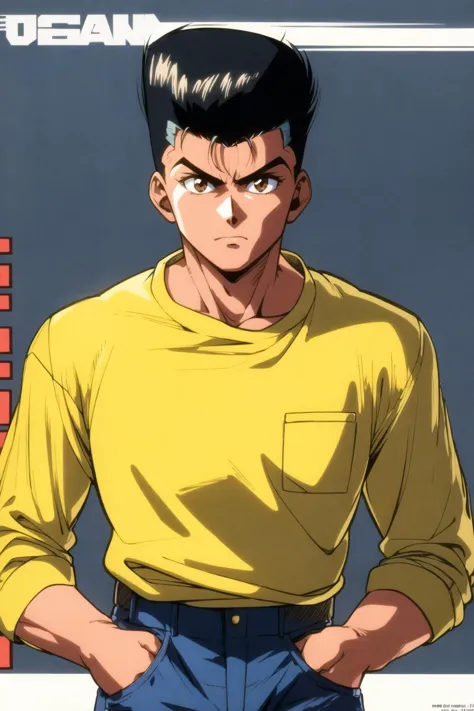 urameshi yuusuke, solo, looking at viewer, short hair, shirt, black hair, long sleeves, 1boy, brown eyes, closed mouth, standing...