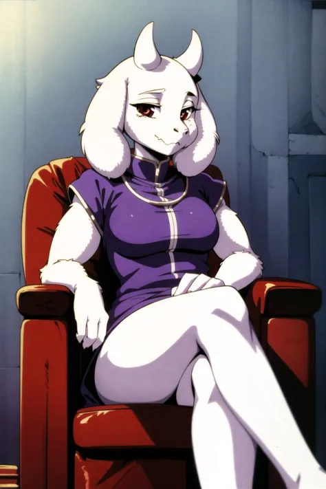 urushihara satoshi, 1girl, solo, goat, white body, fur, furry, toriel, undertale, facing viewer, sitting, armchair, crossed legs, 1990s \(style\), retro artstyle, inside,