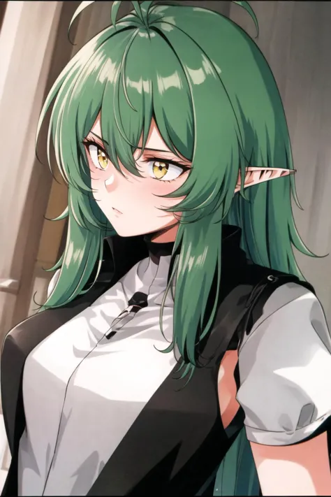 a close up of a person with green hair and a white shirt