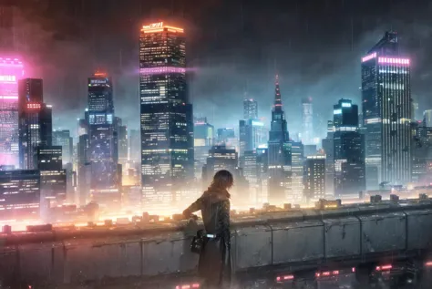 Dystopian city landscape, heavy rain, neon city lights, skyscrapers, masterpiece