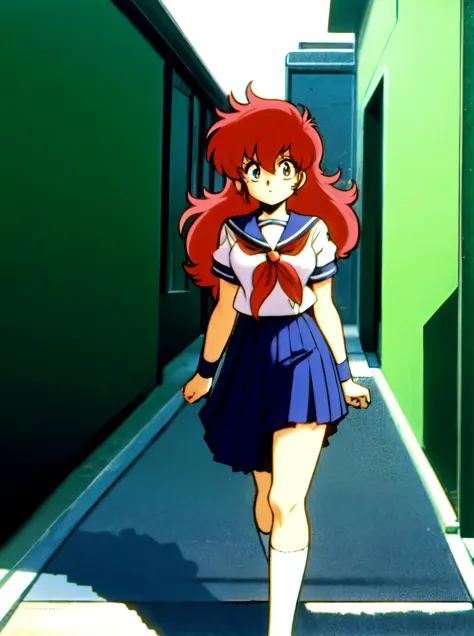 1990s \(style\), \(project A-KO\), 1girl, a-ko, solo, red hair, long puffy hair, school clothes, upper body, sunny day walking d...