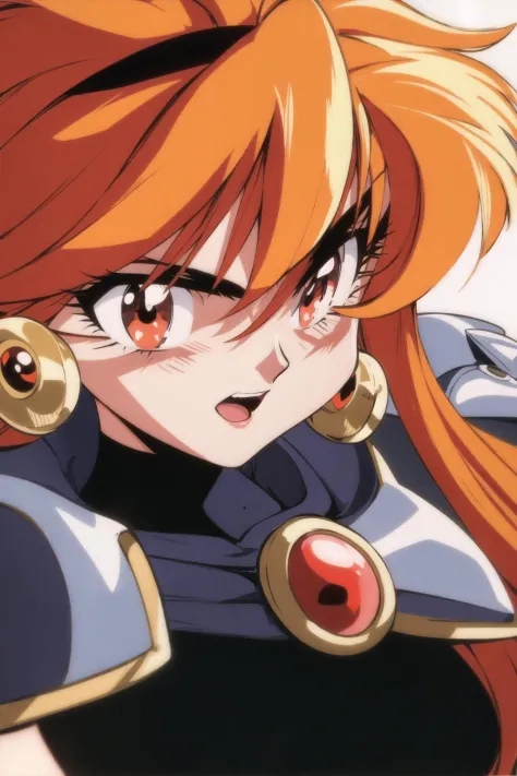 1girl, solo, long hair, looking at viewer, open mouth, bangs, red eyes, gloves, hair between eyes, jewelry, red hair, earrings, white gloves, orange hair, armor, v-shaped eyebrows, eyelashes, headband, shoulder armor, portrait, close-up, pauldrons, retro artstyle, magic, 1990s (style), black headband, lina inverse
