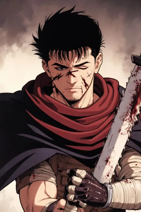guts \(berserk\), solo, short hair, black hair, gloves, 1boy, holding, closed mouth, closed eyes, upper body, weapon, male focus, one eye closed, sword, fingerless gloves, cape, holding weapon, armor, torn clothes, blood, scar, bandages, holding sword, thi...