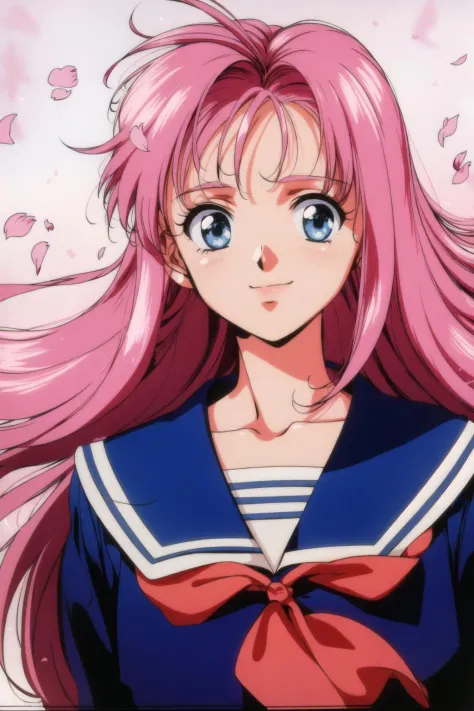 mylene jenius, 1girl, solo, long hair, looking at viewer, smile, bangs, blue eyes, long sleeves, bow, closed mouth, , green eyes, upper body, pink hair, serafuku, bowtie, sailor collar, black eyes, petals, floating hair, blue bow, hair intakes, cherry blossoms, blue bowtie, retro artstyle, 1990s \(style\)