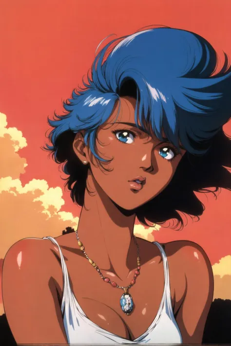 pai thunder, dangaiou, by hirano toshihiro, 1girl, solo, short hair, blue eyes, black hair, bare shoulders, jewelry, green eyes, blue hair, collarbone, upper body, parted lips, sky, cloud, dark skin, necklace, dark-skinned female, lips, floating hair, wind, portrait, red background, pendant, retro artstyle, big hair, 1980s (style), red sky