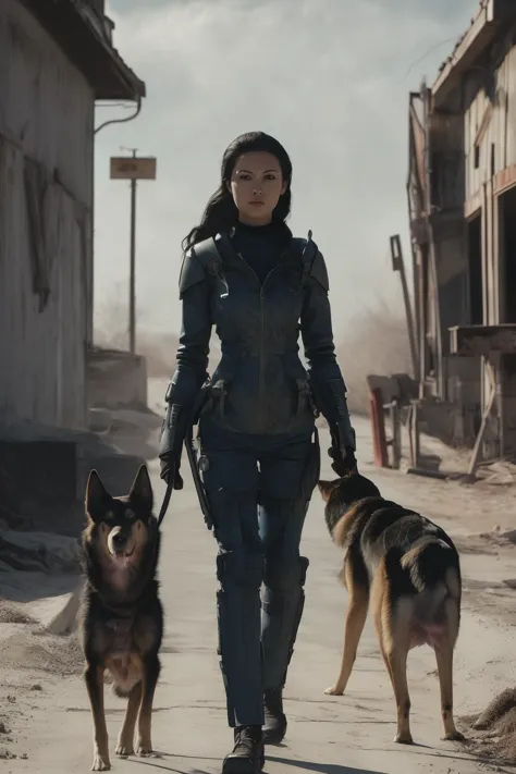 a woman walking two dogs down a street next to a building