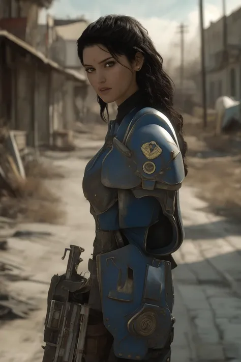 a woman in a blue and black outfit holding a gun