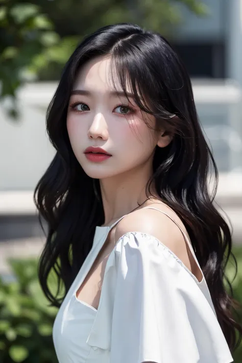 Best quality, masterpiece, ultra high res, (photorealistic:1.4), raw photo,1girl, solo, realistic, lips, black hair, looking at viewer, long wavy hair, hair over one eye, nose, sleeved white dress