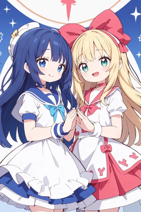 2girls, magical girls unit, arranged serafuku magical dresses, cross hands, super happy smiling, sweet atmosphere