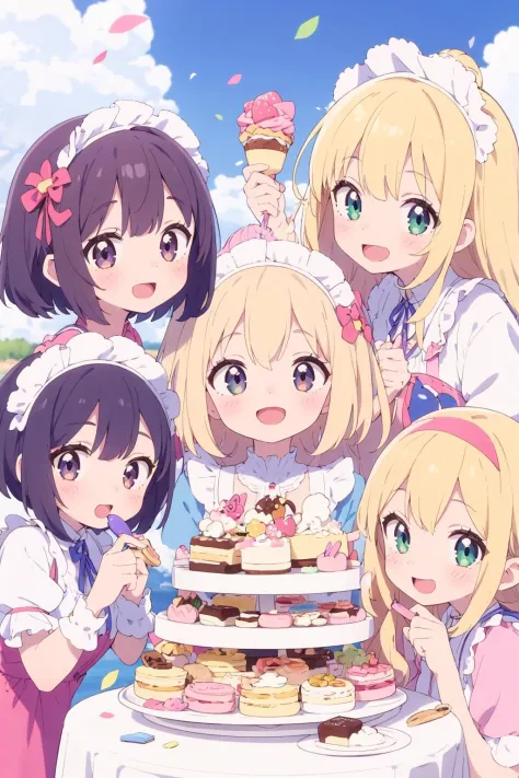 4+ girls, multiple colored hairs, sweet maids, random cute faces, super happy smiling, open mouth, group shot, zoom camera, sweet tea party, lots of cakes, macarons, chocolates, parfaits, cookies, land of sweets