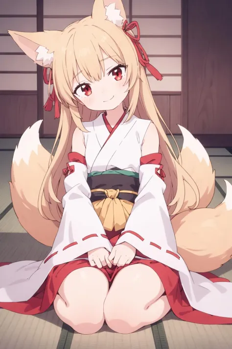 1girl, 400yo, miko, solo, sitting on the floor, grasping knees, slouch, smirk, head tilt, Japanese shrine maiden clothes, sleeves past wrists, golden longhair, red eyes, upturned eyes, fox ears, 9+ golden fox tails, indoor, tatami