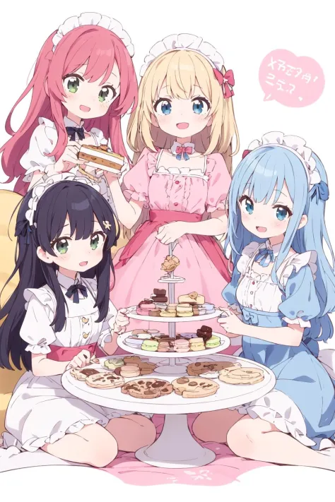 4+ girls, multiple colored hairs, sweet maids, random cute faces, super happy smiling, open mouth, group shot, zoom camera, sweet tea party, lots of cakes, macarons, chocolates, parfaits, cookies, land of sweets