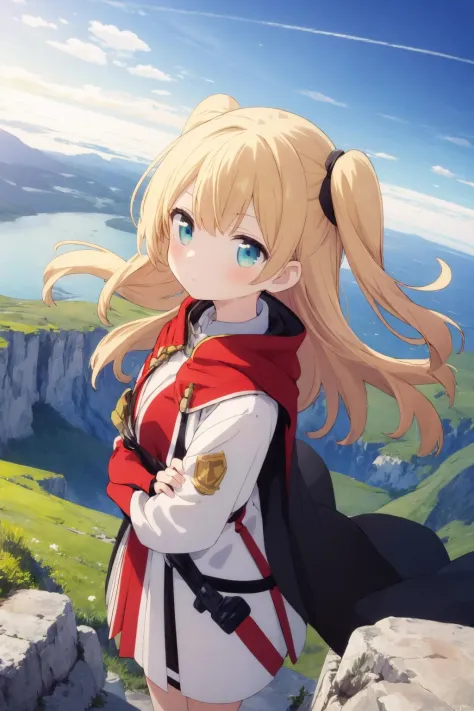 1girl, solo, stand up,  crossing arms, superb view, outdoor, nature, horizon, brave face, blonde long hair, two side up, heroine cloak, sheer cliff, over horizon, from above