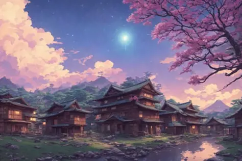 japanese village abandoned, beautiful galaxy in the background, very detailed, retropunk synthwave cyberpunk style, mushishi and...