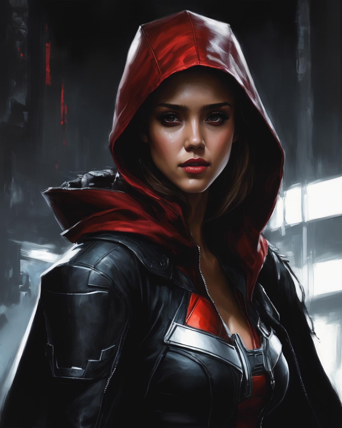 A woman in a red hoodie and black leather jacket - SeaArt AI