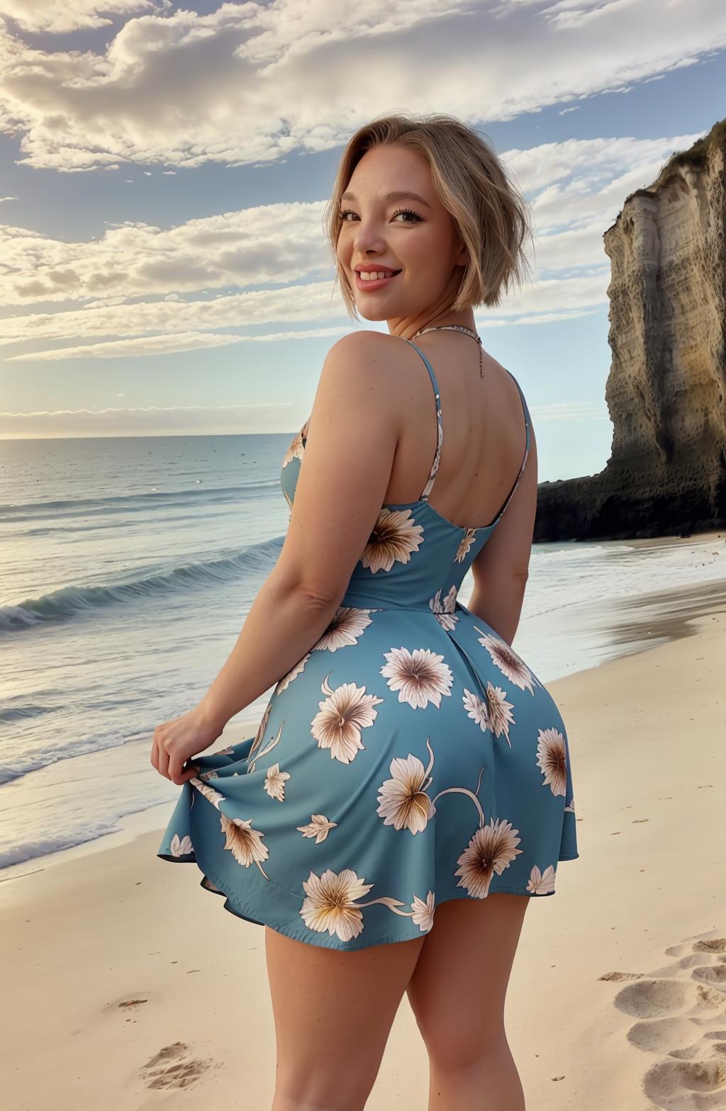 A woman standing on a beach with a blue dress and white flowers - SeaArt AI