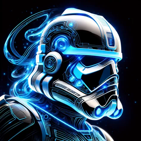 a close up of a star wars trooper helmet with glowing lights