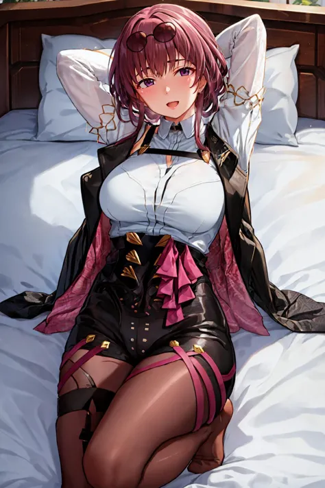 masterpiece, best quality,  <lora:kafka-nvwls-v1-final:0.9> kafka, purple eyes, sunglasses on head, black jacket, collared shirt, black shorts, pantyhose, seiza, bed, arms behind head, smile <lora:tomajiyama-Style-000080:1>