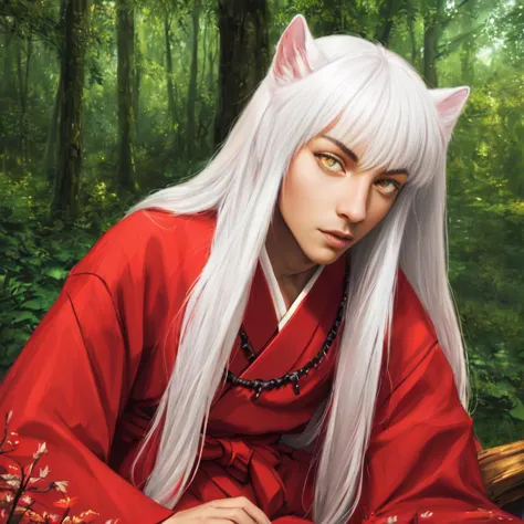 anime girl with white hair and cat ears sitting on a bench