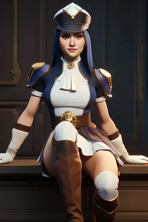 solo, chopiocaitlyn, [long hair|blue hair], blue eyes, [confused|forced smile], hat, ([police uniform|police hat]:1.1), short sleeves, white ascot, brown gloves, belt, (white frilly skirt, knee boots:1.2), thigh high boots, (looking at viewer), 
(pale skin, detailed hair, smooth skin, oiled skin, shiny skin, mature:1.1), realistic, [8K|4K]
 <lora:42_ArcaneCaitlyn:0.8>