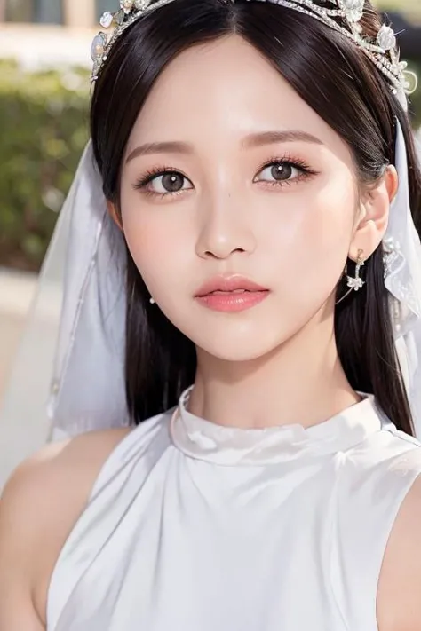 1girl,photo of mntwmina,((gorgeous wedding dress:1.2)),earrings,best quality,(detailed face:1.4),(looking at viewer:1.4),shiny skin,smile,beautiful city background,best wallpaper,(sun lighting:1.2),((random perspective)),low angle,upper body, <lora:minamina-000005:0.7>