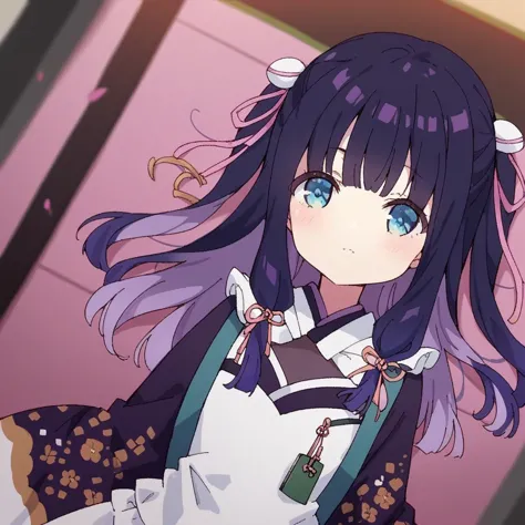 anime girl with long purple hair and blue eyes in a dress