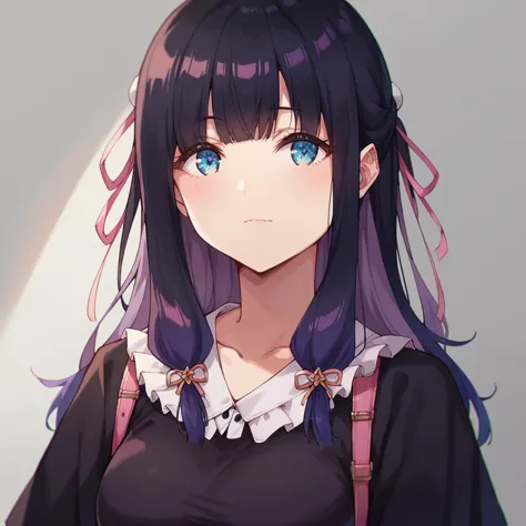 anime girl with long black hair and blue eyes wearing a black dress