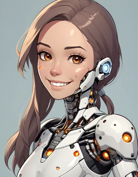 (cartoon, 2d,  flat 2d style), Masterpiece, high quality, high detail, (cyborg with female face, parts missing, damaged, broken,...