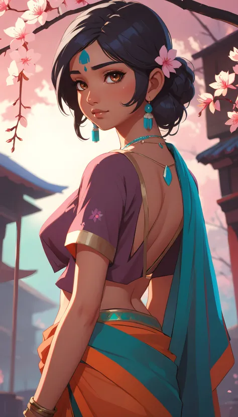 21 years old blossom (Indian young woman), vibrant, epic background, sexy outfit, pure, wholesome, cute, Keplers Law, 2d sprite,...
