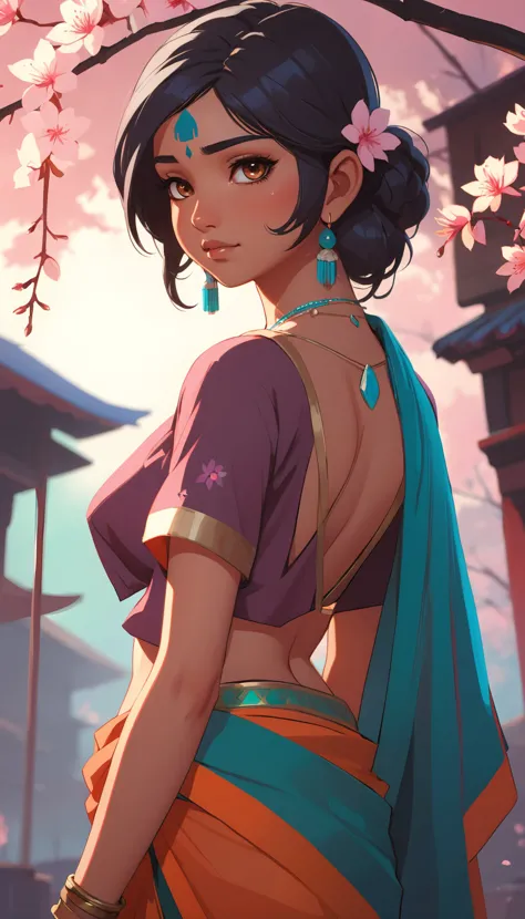 2 blossom (Indian young woman), vibrant, epic background, sexy outfit, pure, wholesome, cute, Keplers Law, 2d sprite, glow, ilya kuvshinov, krenz cushart, artgerm, 8k, trending on ArtStation