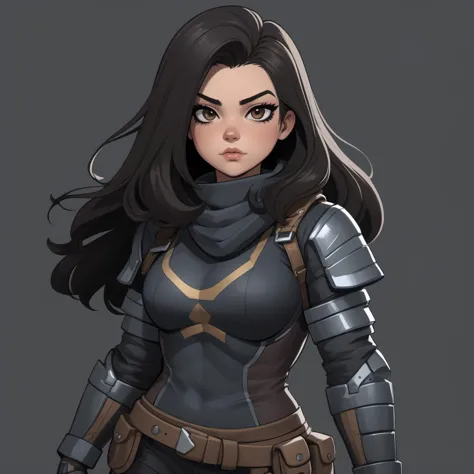 Character art, reference sheet, female, halfling, (long eyeliner), long dark hair,  bombshell hair, [smug|bored] look, [paladin|...