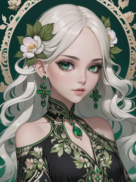 A beautiful woman with off-white hair,long,flower hair ornament, perfect round eyes,detailed eyes,beautiful eyes,emerald luminou...