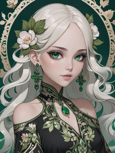 Une belle femme aux cheveux blanc cassé,Long,ornement de cheveux de fleur, yeux ronds parfaits,yeux détaillés,Beaux yeux,yeux lumineux émeraude,des boucles d&#39;oreilles,robe fleurie noire aux motifs complexes,noir et vert,vibrant,chef-d&#39;œuvre,Meilleure qualité,ultra détaillé, regarder le spectateur,face au spectateur,