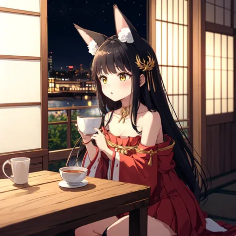 anime girl in red dress sitting at a table with a cup of coffee