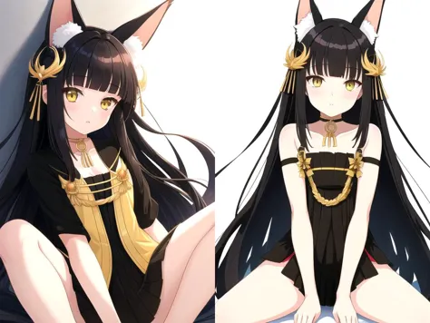 1girl,<lora:nagato_scarxzys:0.7>,nagato,yellow eyes,black hair,very long hair,blunt bangs,sidelocks,hair ornament,fox ears,choker,full_shot,between_legs,