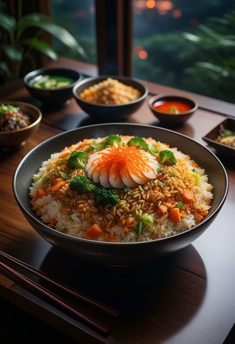 Ultra-wide photorealistic image,centered, photography, analog, | fried rice bowl dish, food photo, restaurant, table, japanese r...