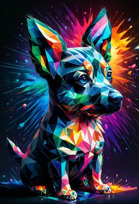 a dog with colorful geometric shapes on it's face