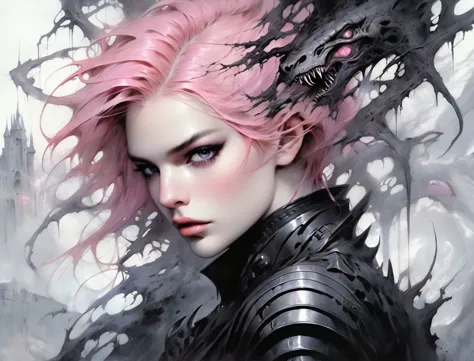 arafed image of a woman with pink hair and a dragon head