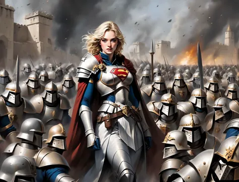 <lora:esme_sdxl:0.8> esme mixed with <lora:kallmekris:0.8> kallmekris, Power girl, supergirl, blonde ,leading a horde army, thousands of warriors, futuristic attire, future soldier, in wh40k, Warhammer 40,000, death korps of krieg, dkok, astra militarum, space marines, epic battle, only war, wearing huge pauldrons, WWI, trenches, dirt, battle ,Background is stunning 17th century european village scenery, detailed and intricate environment, oil painting, palette knife soft brushstrokes, heavy strokes, dripping paint, art station on trend, sharp focus, intricate details, highly detailed